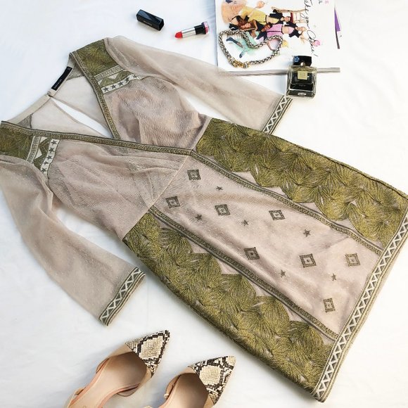 Fancy golden sheath cocktail dress S, event deep v neck dress for wedding guest - Picture 5 of 13